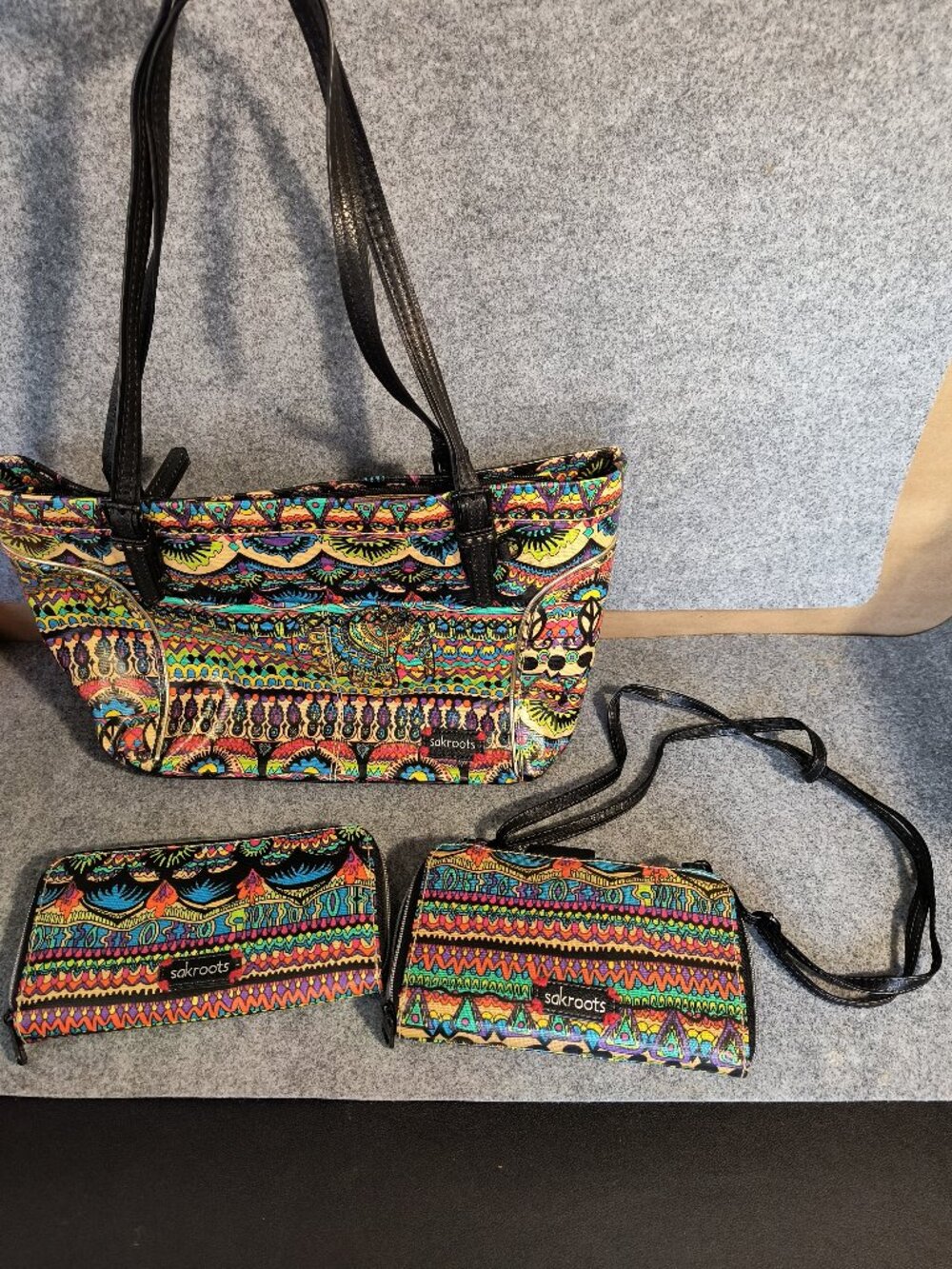 Sakroots 3 Pc Set Tote Shoulder Bag Crossbody Wallet Peace Elephant Boho Purse